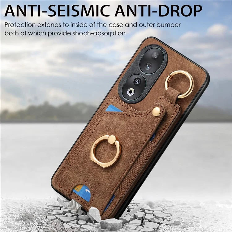 For Honor 90 Case Retro Leather Back Cover Drop-proof Phone Card Bag Kickstand