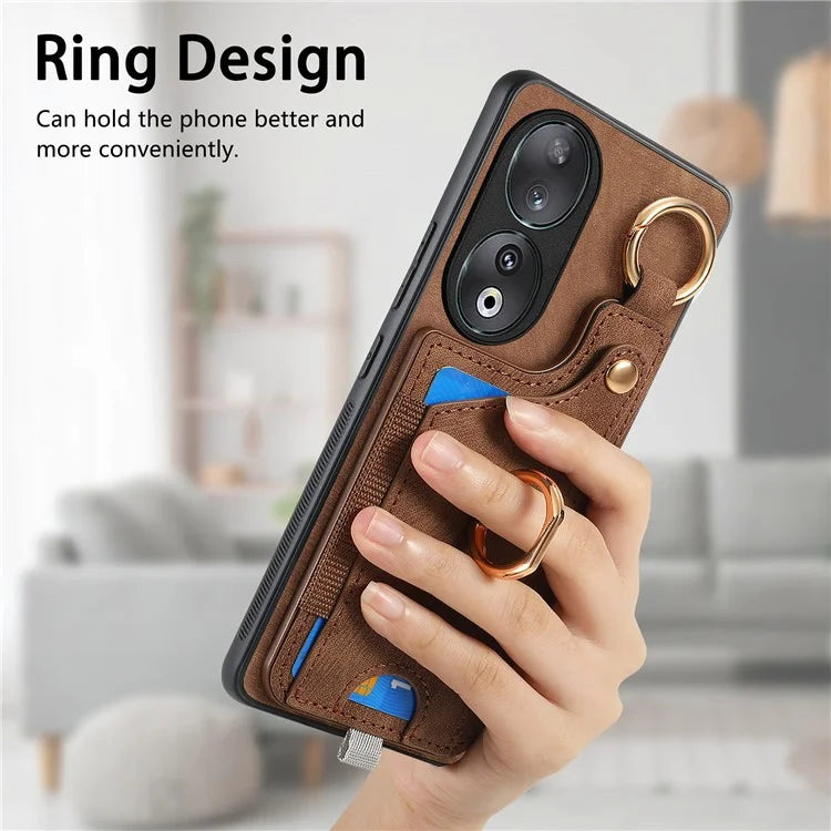For Honor 90 Case Retro Leather Back Cover Drop-proof Phone Card Bag Kickstand