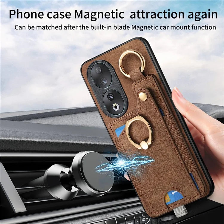 For Honor 90 Case Retro Leather Back Cover Drop-proof Phone Card Bag Kickstand