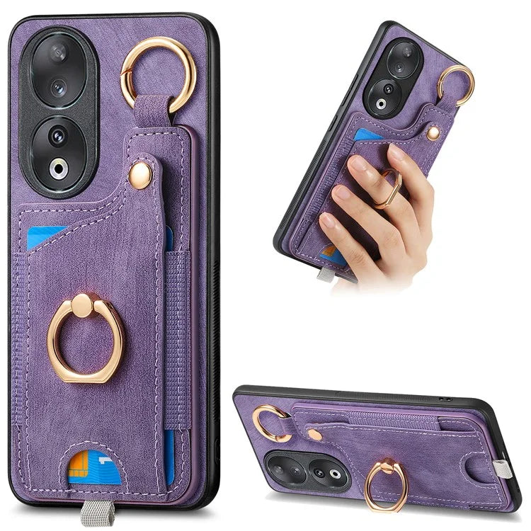 For Honor 90 Case Retro Leather Back Cover Drop-proof Phone Card Bag Kickstand