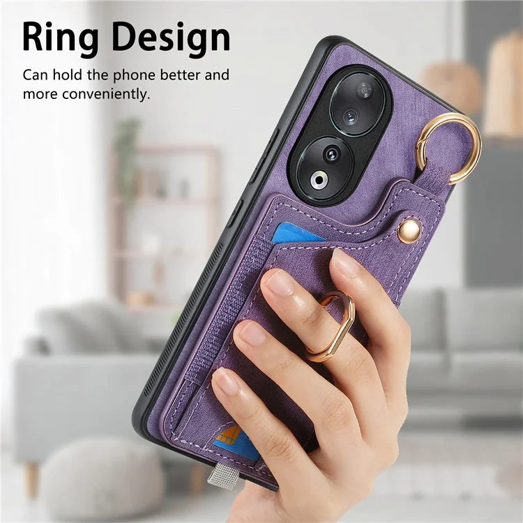 For Honor 90 Case Retro Leather Back Cover Drop-proof Phone Card Bag Kickstand