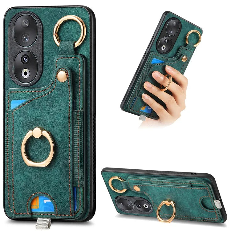 For Honor 90 Case Retro Leather Back Cover Drop-proof Phone Card Bag Kickstand