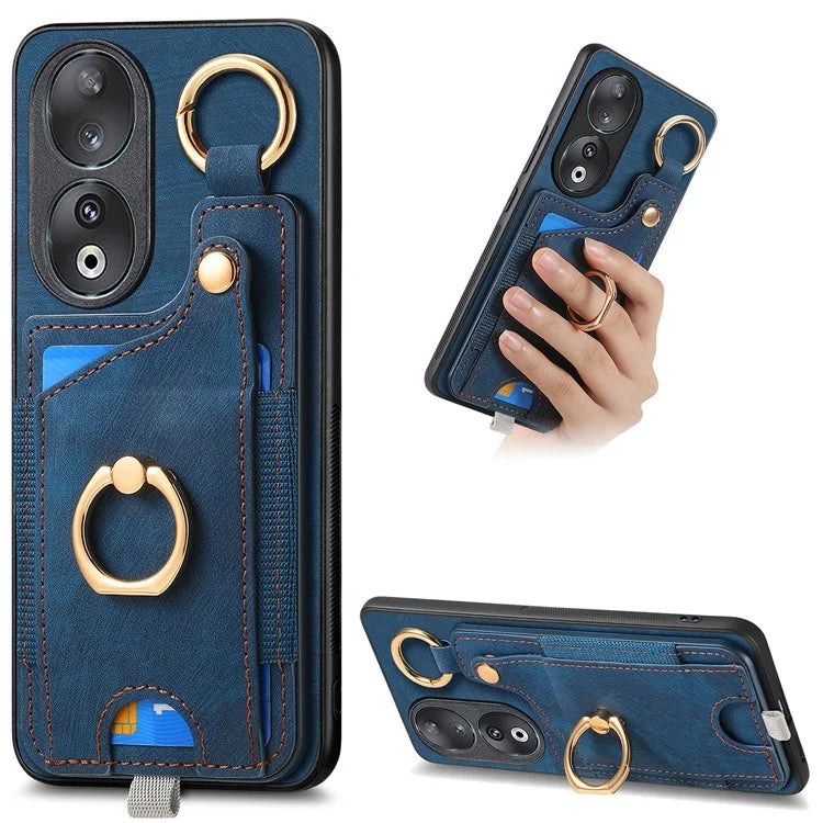 For Honor 90 Case Retro Leather Back Cover Drop-proof Phone Card Bag Kickstand