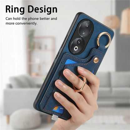 For Honor 90 Case Retro Leather Back Cover Drop-proof Phone Card Bag Kickstand