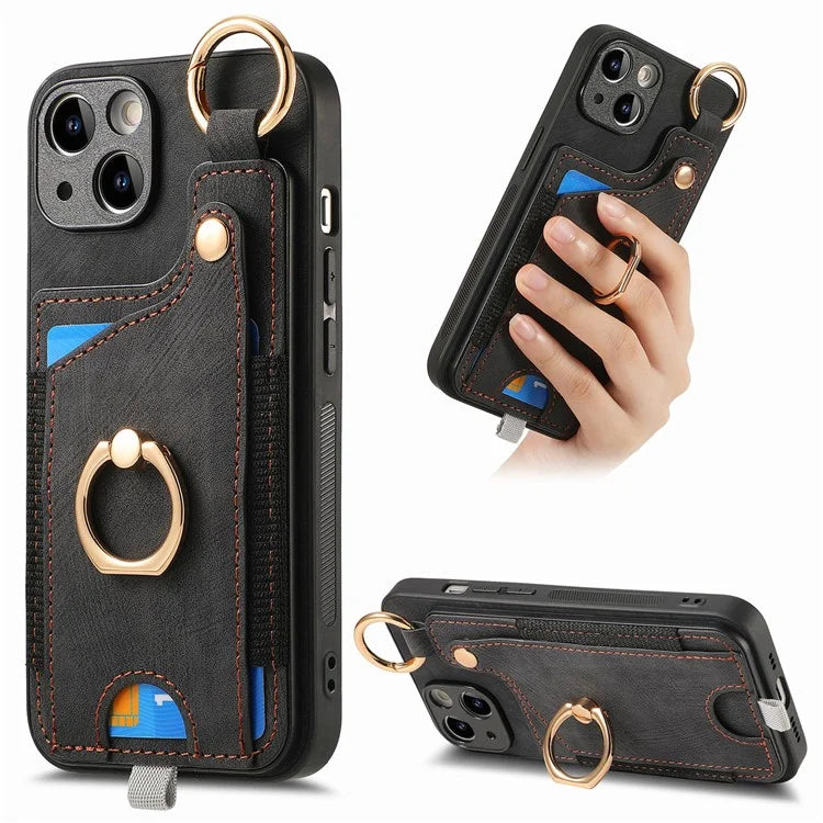 For iPhone 14 Case with Card Holder Leather Phone Ring Kickstand Back Cover