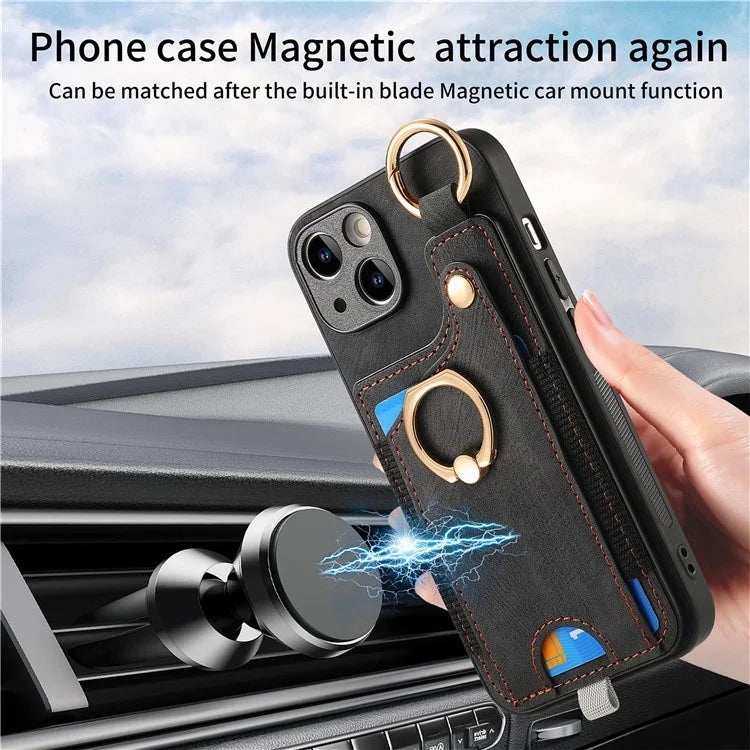 For iPhone 14 Case with Card Holder Leather Phone Ring Kickstand Back Cover
