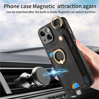 For iPhone 14 Case with Card Holder Leather Phone Ring Kickstand Back Cover
