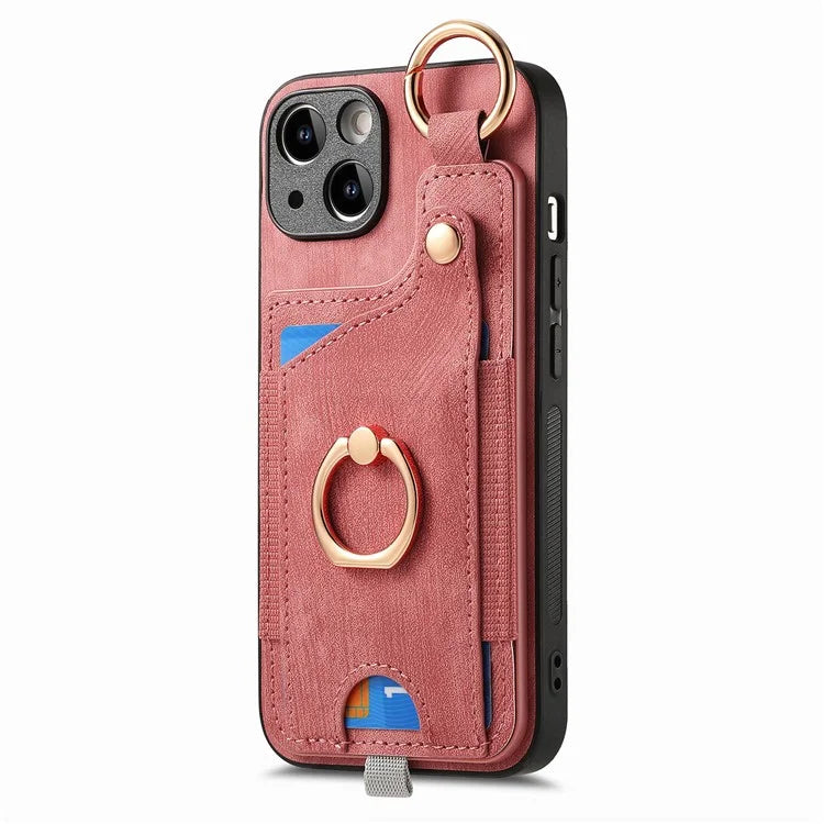 For iPhone 14 Case with Card Holder Leather Phone Ring Kickstand Back Cover