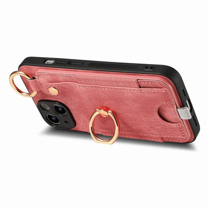 For iPhone 14 Case with Card Holder Leather Phone Ring Kickstand Back Cover
