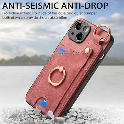 For iPhone 14 Case with Card Holder Leather Phone Ring Kickstand Back Cover