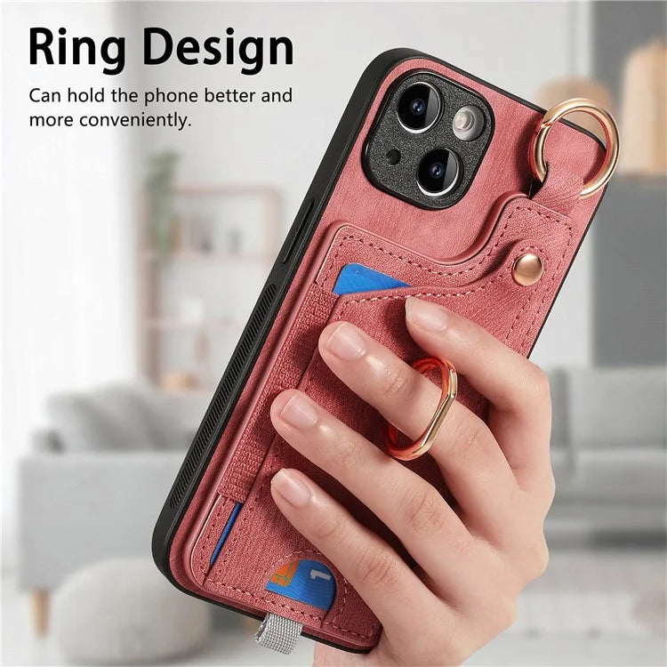 For iPhone 14 Case with Card Holder Leather Phone Ring Kickstand Back Cover