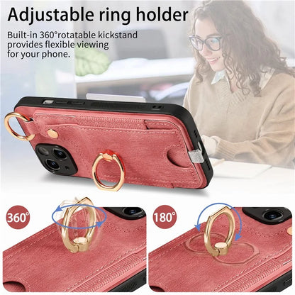 For iPhone 14 Case with Card Holder Leather Phone Ring Kickstand Back Cover