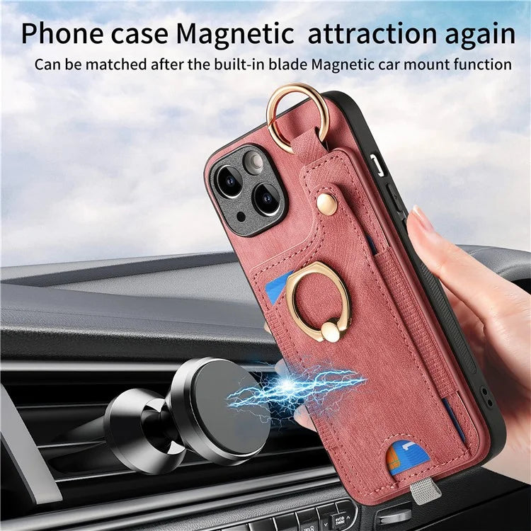 For iPhone 14 Case with Card Holder Leather Phone Ring Kickstand Back Cover