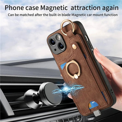 For iPhone 14 Case with Card Holder Leather Phone Ring Kickstand Back Cover