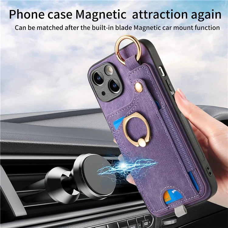 For iPhone 14 Case with Card Holder Leather Phone Ring Kickstand Back Cover