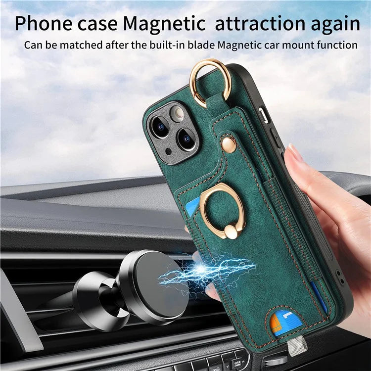 For iPhone 14 Case with Card Holder Leather Phone Ring Kickstand Back Cover