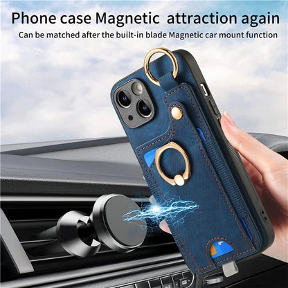 For iPhone 14 Case with Card Holder Leather Phone Ring Kickstand Back Cover
