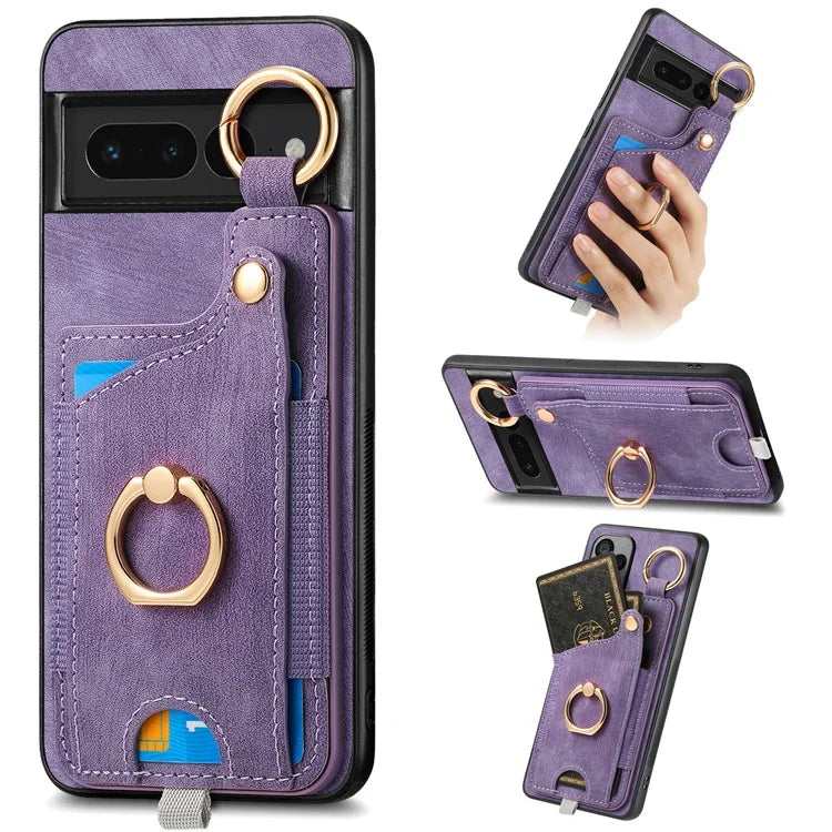 For Google Pixel 7 Pro 5G Back Case with Card Holder Kickstand Retro Leather Cover Protector