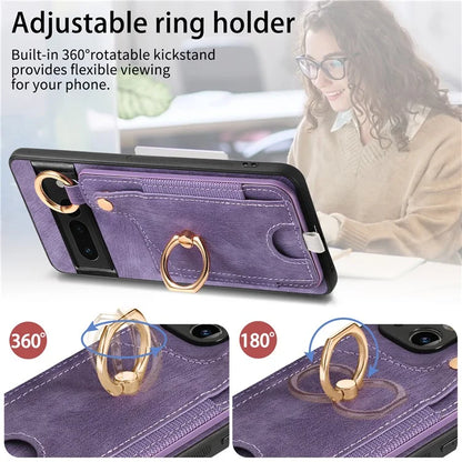 For Google Pixel 7 Pro 5G Back Case with Card Holder Kickstand Retro Leather Cover Protector