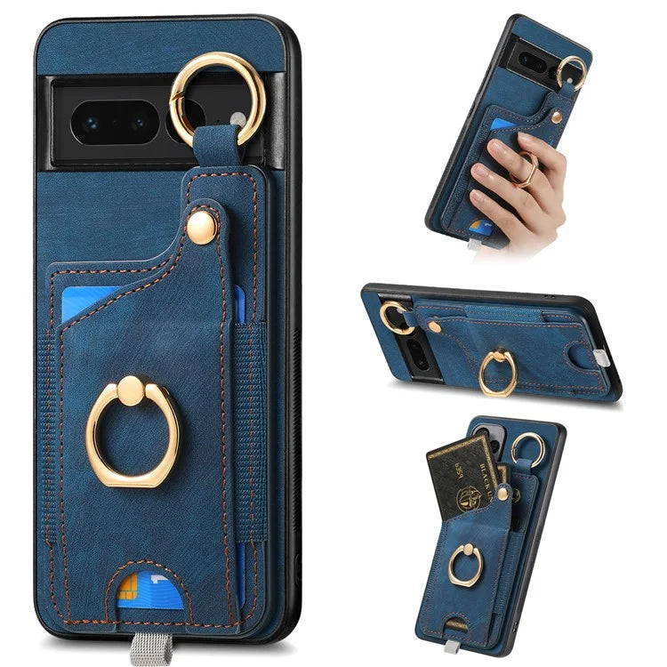 For Google Pixel 7 Pro 5G Back Case with Card Holder Kickstand Retro Leather Cover Protector