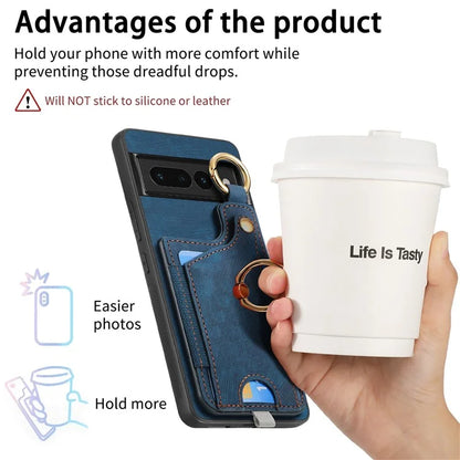 For Google Pixel 7 Pro 5G Back Case with Card Holder Kickstand Retro Leather Cover Protector