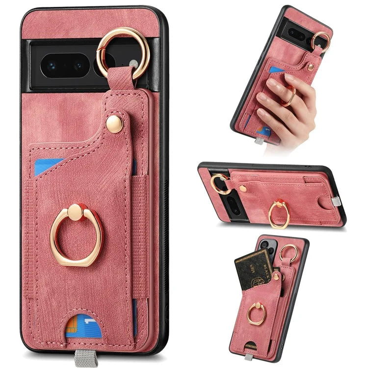 For Google Pixel 7 Pro 5G Back Case with Card Holder Kickstand Retro Leather Cover Protector