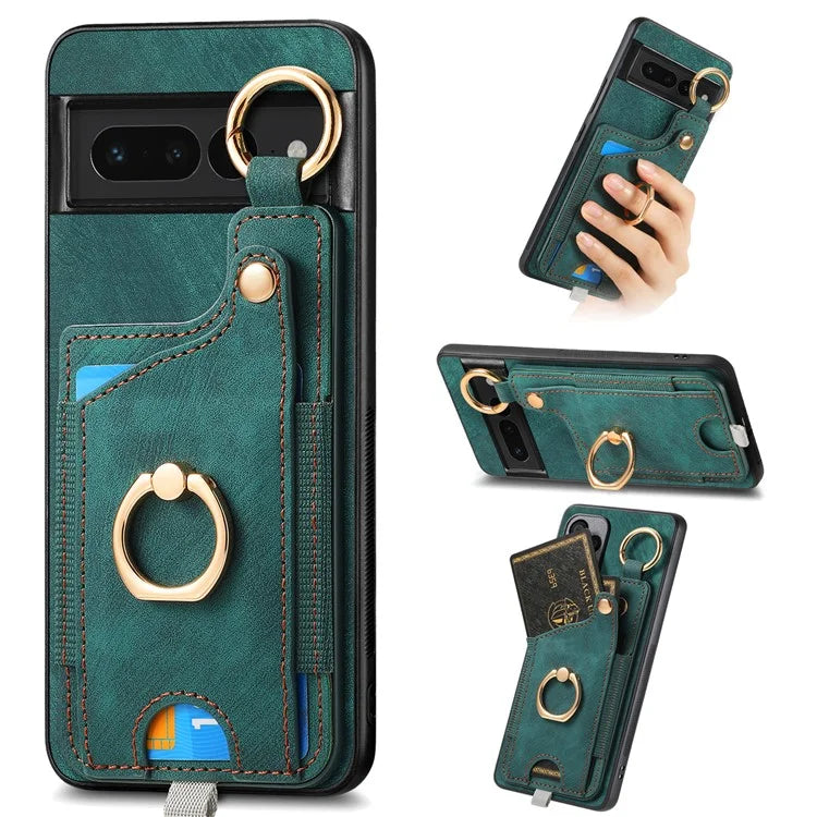 For Google Pixel 7 Pro 5G Back Case with Card Holder Kickstand Retro Leather Cover Protector