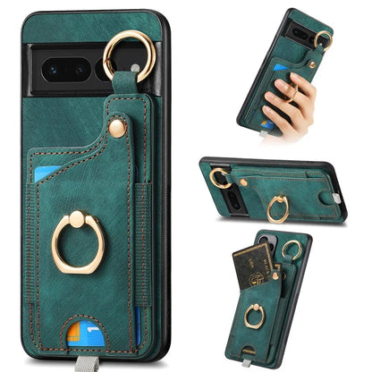 For Google Pixel 7 Pro 5G Back Case with Card Holder Kickstand Retro Leather Cover Protector