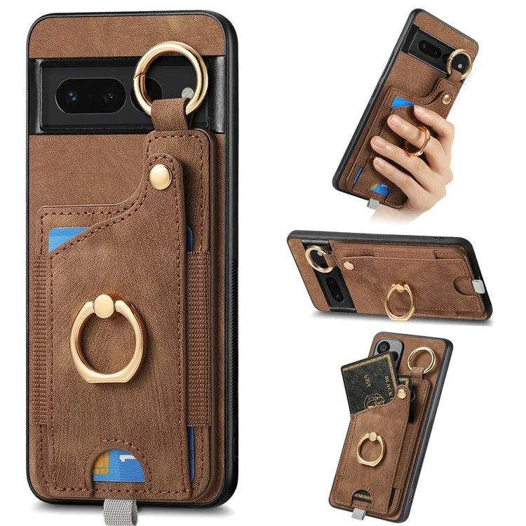 For Google Pixel 7 Pro 5G Back Case with Card Holder Kickstand Retro Leather Cover Protector