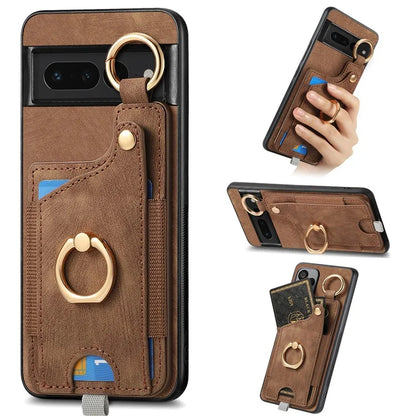 For Google Pixel 7 Pro 5G Back Case with Card Holder Kickstand Retro Leather Cover Protector