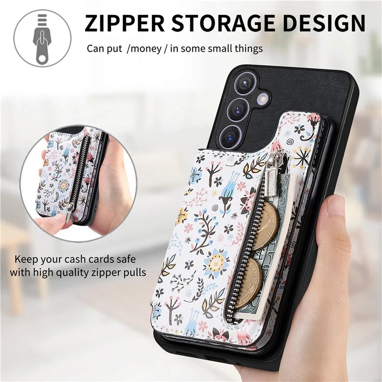 D10 For Samsung Galaxy S24+ Cell Phone Case Pattern Printing Card Bag Zipper Wallet Cover
