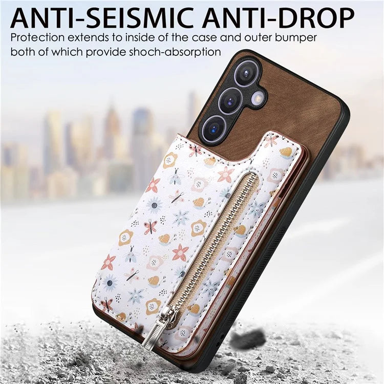 D10 For Samsung Galaxy S24+ Cell Phone Case Pattern Printing Card Bag Zipper Wallet Cover