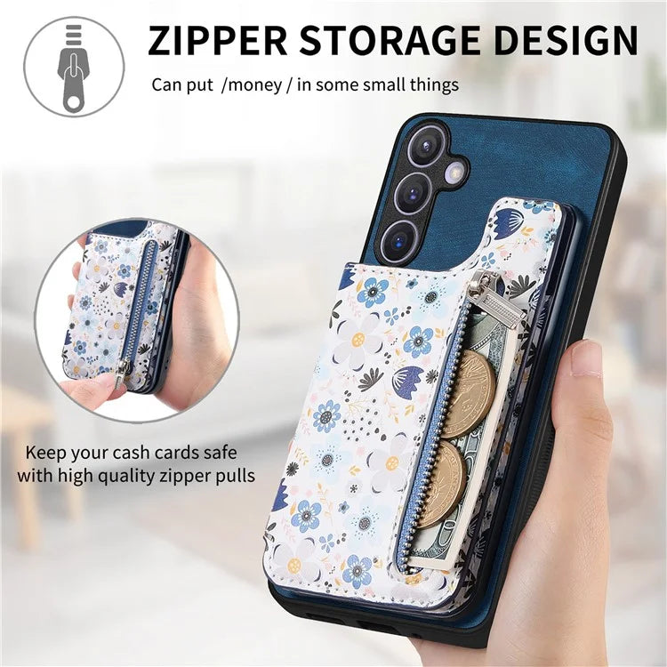D10 For Samsung Galaxy S24+ Cell Phone Case Pattern Printing Card Bag Zipper Wallet Cover