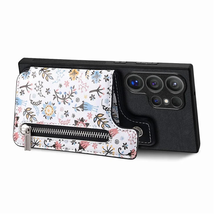 D10 For Samsung Galaxy S24 Ultra Cell Phone Case Pattern Printed Card Bag TPU+Leather Back Cover