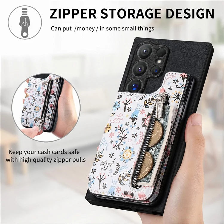 D10 For Samsung Galaxy S24 Ultra Cell Phone Case Pattern Printed Card Bag TPU+Leather Back Cover