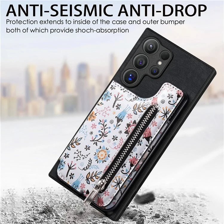 D10 For Samsung Galaxy S24 Ultra Cell Phone Case Pattern Printed Card Bag TPU+Leather Back Cover