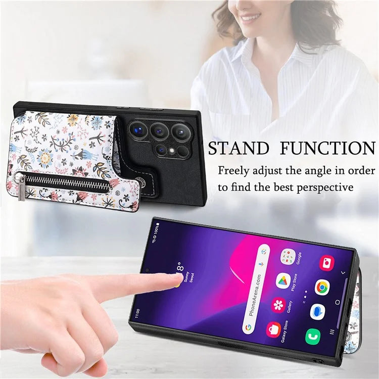 D10 For Samsung Galaxy S24 Ultra Cell Phone Case Pattern Printed Card Bag TPU+Leather Back Cover