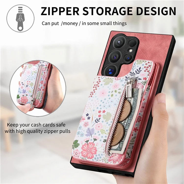 D10 For Samsung Galaxy S24 Ultra Cell Phone Case Pattern Printed Card Bag TPU+Leather Back Cover