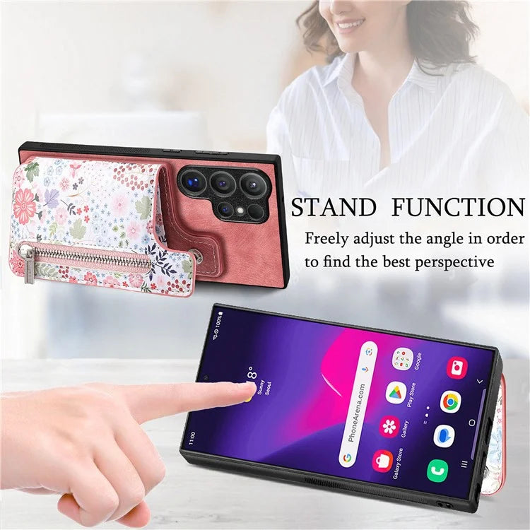 D10 For Samsung Galaxy S24 Ultra Cell Phone Case Pattern Printed Card Bag TPU+Leather Back Cover