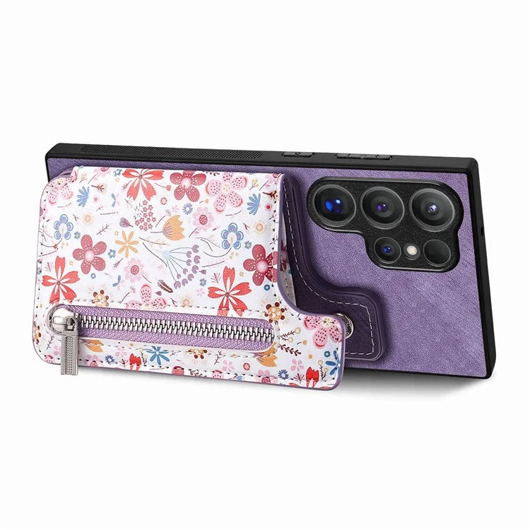 D10 For Samsung Galaxy S24 Ultra Cell Phone Case Pattern Printed Card Bag TPU+Leather Back Cover