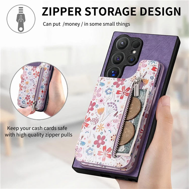D10 For Samsung Galaxy S24 Ultra Cell Phone Case Pattern Printed Card Bag TPU+Leather Back Cover
