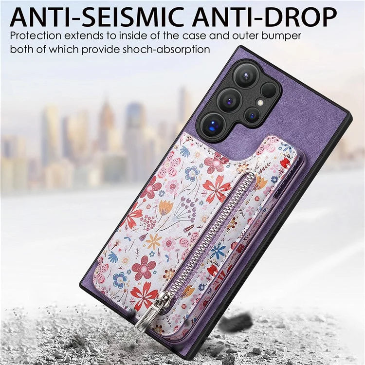 D10 For Samsung Galaxy S24 Ultra Cell Phone Case Pattern Printed Card Bag TPU+Leather Back Cover