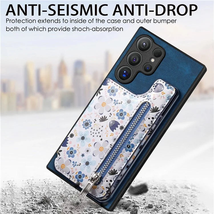 D10 For Samsung Galaxy S24 Ultra Cell Phone Case Pattern Printed Card Bag TPU+Leather Back Cover