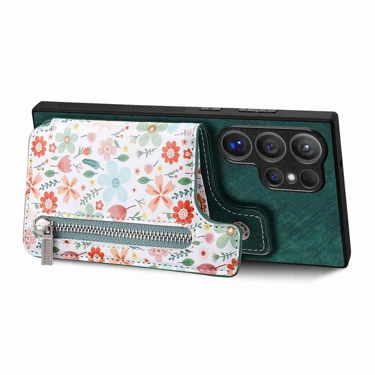 D10 For Samsung Galaxy S24 Ultra Cell Phone Case Pattern Printed Card Bag TPU+Leather Back Cover