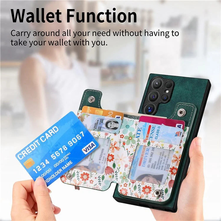 D10 For Samsung Galaxy S24 Ultra Cell Phone Case Pattern Printed Card Bag TPU+Leather Back Cover