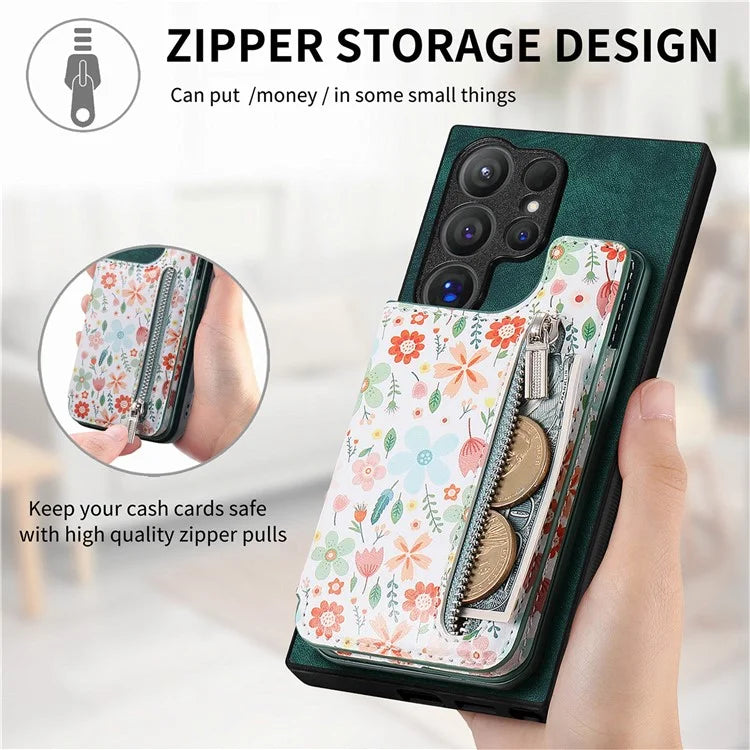 D10 For Samsung Galaxy S24 Ultra Cell Phone Case Pattern Printed Card Bag TPU+Leather Back Cover