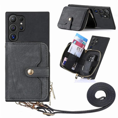Crossbody Zipper Wallet Case for Samsung Galaxy S24 Ultra Kickstand Phone Cover with 7 Card Holder
