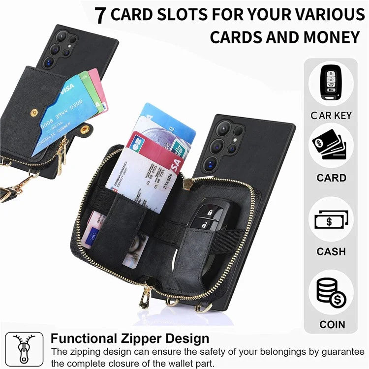 Crossbody Zipper Wallet Case for Samsung Galaxy S24 Ultra Kickstand Phone Cover with 7 Card Holder