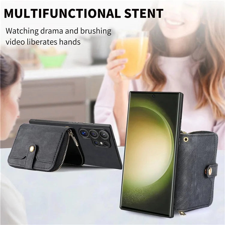 Crossbody Zipper Wallet Case for Samsung Galaxy S24 Ultra Kickstand Phone Cover with 7 Card Holder