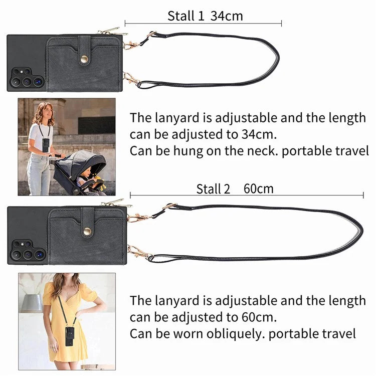 Crossbody Zipper Wallet Case for Samsung Galaxy S24 Ultra Kickstand Phone Cover with 7 Card Holder